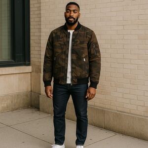 Calvin Klein Men’s Medium Olive Camo Quilted Flight Jacket – Zipper Detail.
